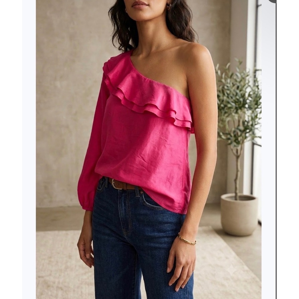 J.Crew Womens One Shoulder Ruffle Silk Blouse Pink Magenta Long Sleeve Top 4